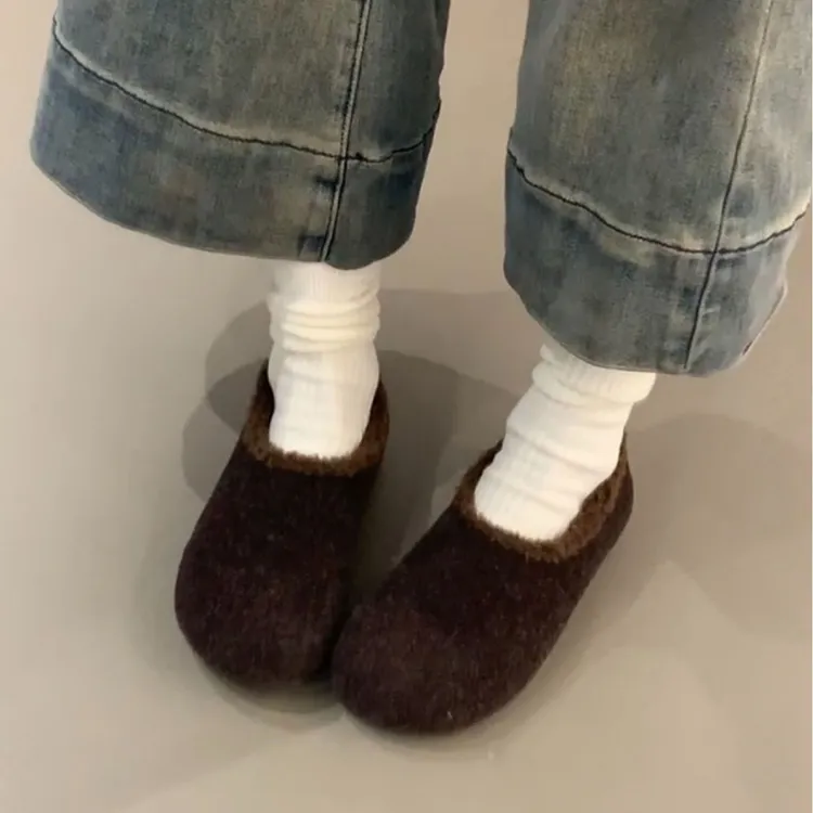 灰色毛毛鞋女冬外穿呢子单鞋一脚蹬平底勃肯鞋女加绒保暖豆豆棉鞋