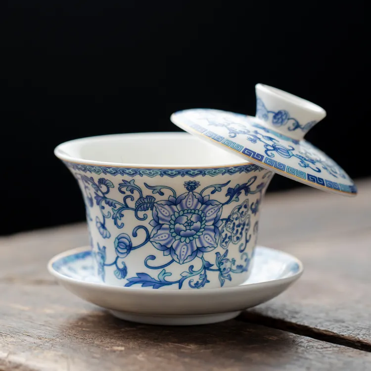 羊脂玉缠枝莲三才盖碗茶杯悬停旋转泡茶碗青花单个高档白瓷带盖具