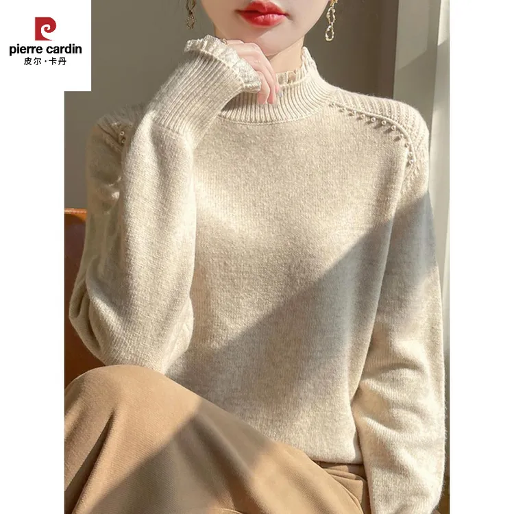 皮尔卡丹2025春秋新款木耳边设计针织打底衫女半高领毛衣减龄长袖