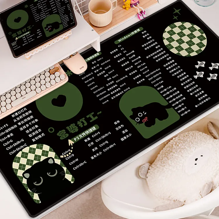 复古小黑猫快捷键鼠标垫超大打工人办公桌垫PS耐脏电脑垫定制PPT