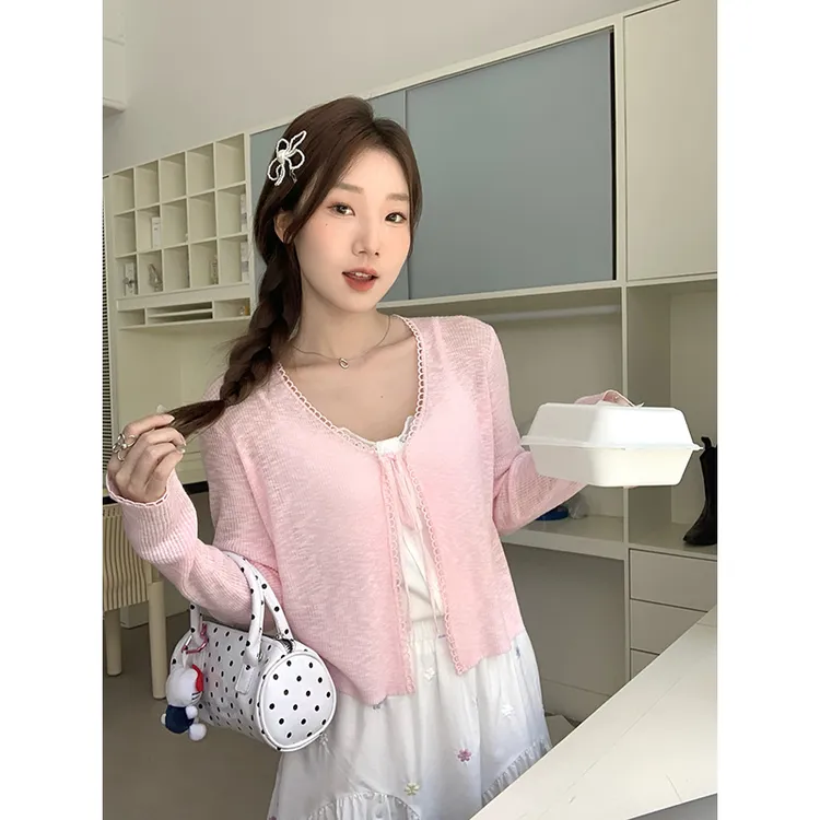 冰丝针织防晒开衫薄款女夏季披肩吊带裙外搭罩衫V领长袖空调上衣