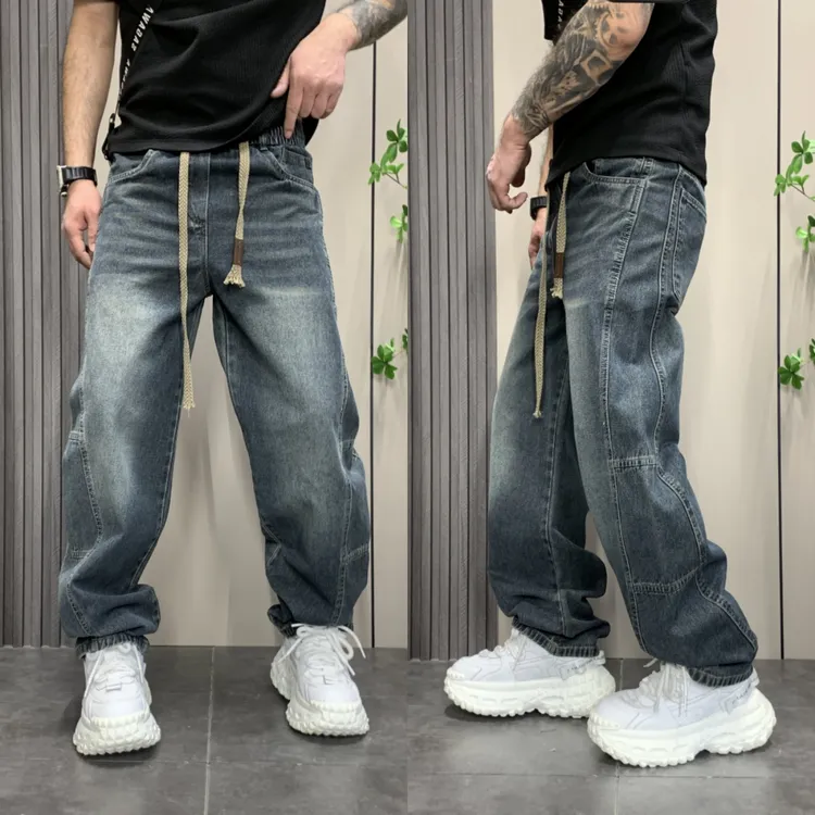 美式休闲复古渐变色水洗牛仔裤男春季新款阔腿蓝色宽松直筒长裤男