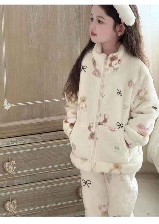 2025新品冬季韩国高品质亲子家居服睡衣套装洋气印花男女童睡衣套