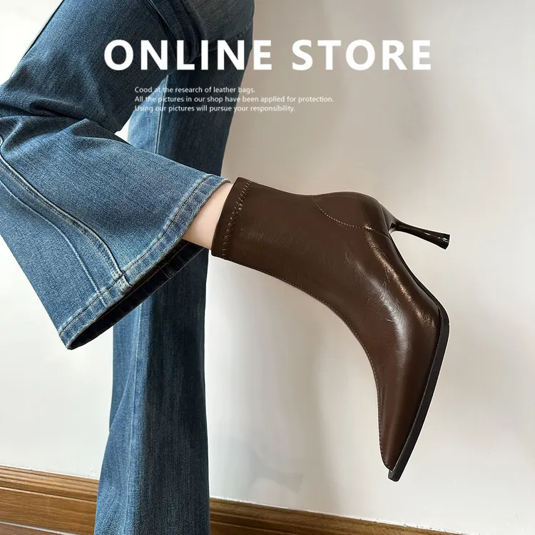 韩版高跟尖头短靴女2025冬季加绒高跟鞋后拉链增高百搭黑色瘦瘦靴