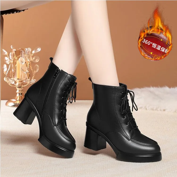秋冬季新款粗跟防水台高跟前系带加绒保暖工女士尖头粗跟真皮加绒