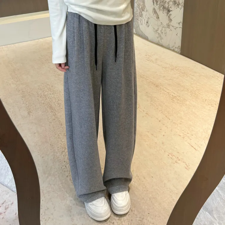 宿慕SUMU韩版显瘦加绒阔腿裤撞色腰2025冬季新款休闲弯刀裤子5360