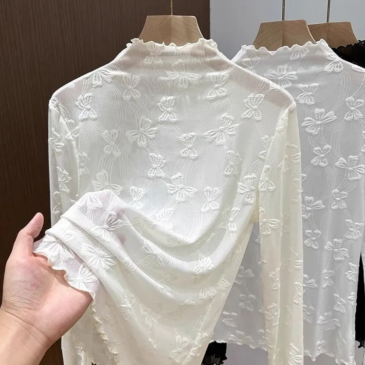 木耳边半高领薄纱打底衫女网纱长袖内搭2025春新款提花蕾丝上衣