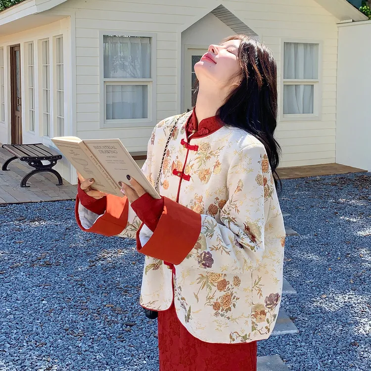 红色新中式国风提花盘扣外套旗袍裙套装2025秋回门可穿高贵两件套