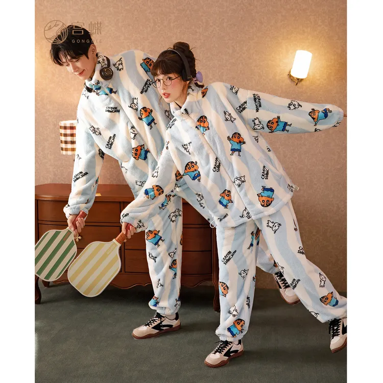 宫蝶【礼袋装】蜡笔小新秋冬情侣睡衣女加厚贵妃绒保暖家居服男款