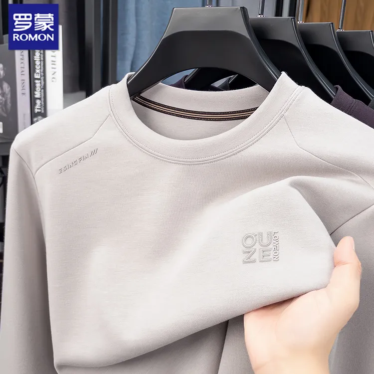 罗蒙秋季新款男士休闲舒适亲肤长袖卫衣圆领百搭套头宽松打底体恤