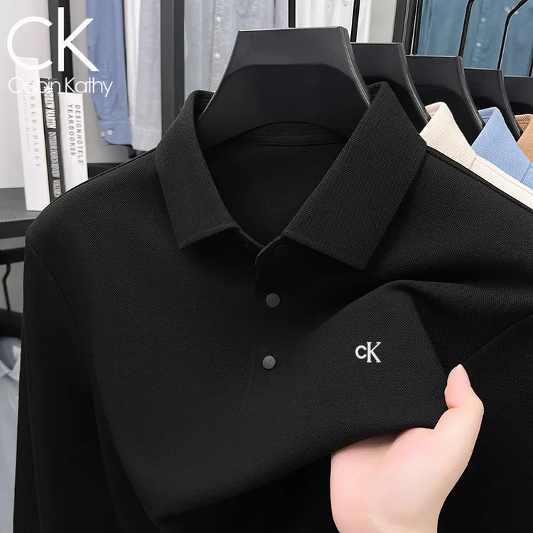 ck正品【海外撤柜】秋季新款刺绣棉长袖Polo衫高端男装薄款t恤上衣