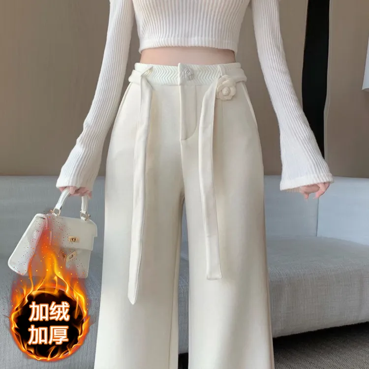 加绒加厚毛呢系带阔腿裤女秋冬宽松直筒休闲裤显瘦垂坠感拖地长裤