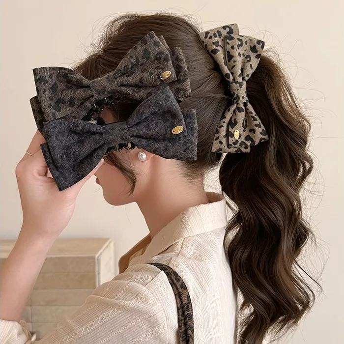 韩系复古豹纹蝴蝶结发夹女后脑勺马尾香蕉夹盘发抓夹日常发卡发饰