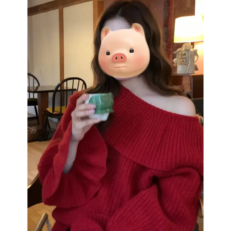 圣诞节穿搭新年过年红色大翻领套头毛衣女秋冬季慵懒风针织衫上衣