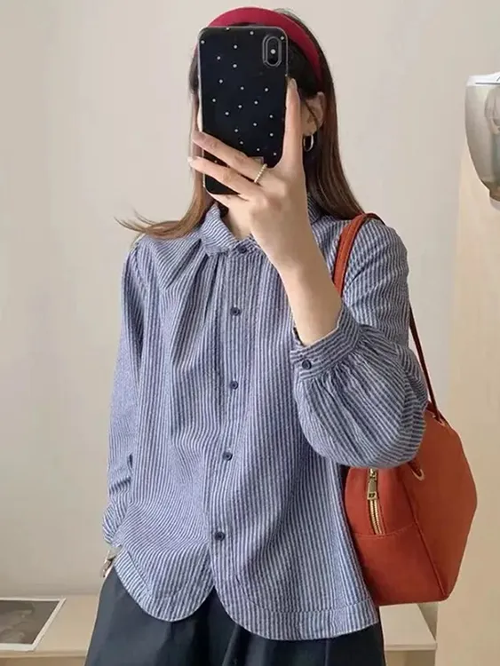 （棉）高级感复古拼接条纹长袖衬衫女2025秋季新款休闲洋气百搭上衣