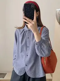 （棉）高级感复古拼接条纹长袖衬衫女2025秋季新款休闲洋气百搭上衣
