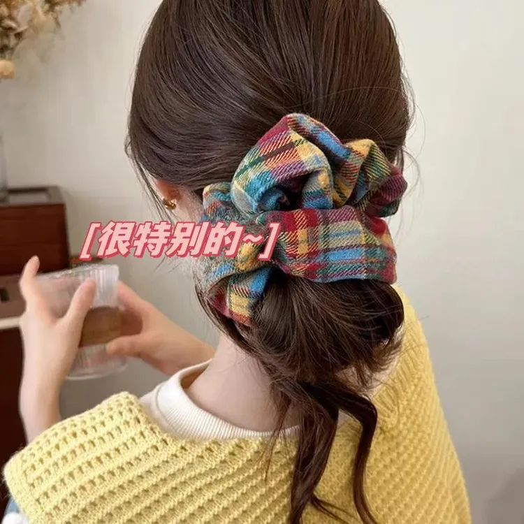 很特别的~皮筋彩色格子大肠发圈头绳女2024新款高弹力扎头发秋冬