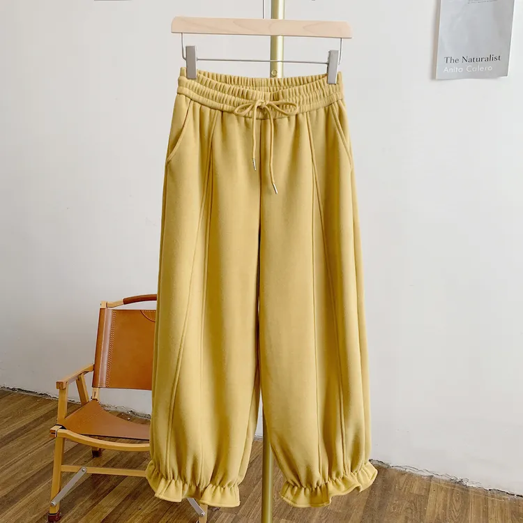 加绒花苞裤C5091加绒荷叶边松紧腰系带休闲裤