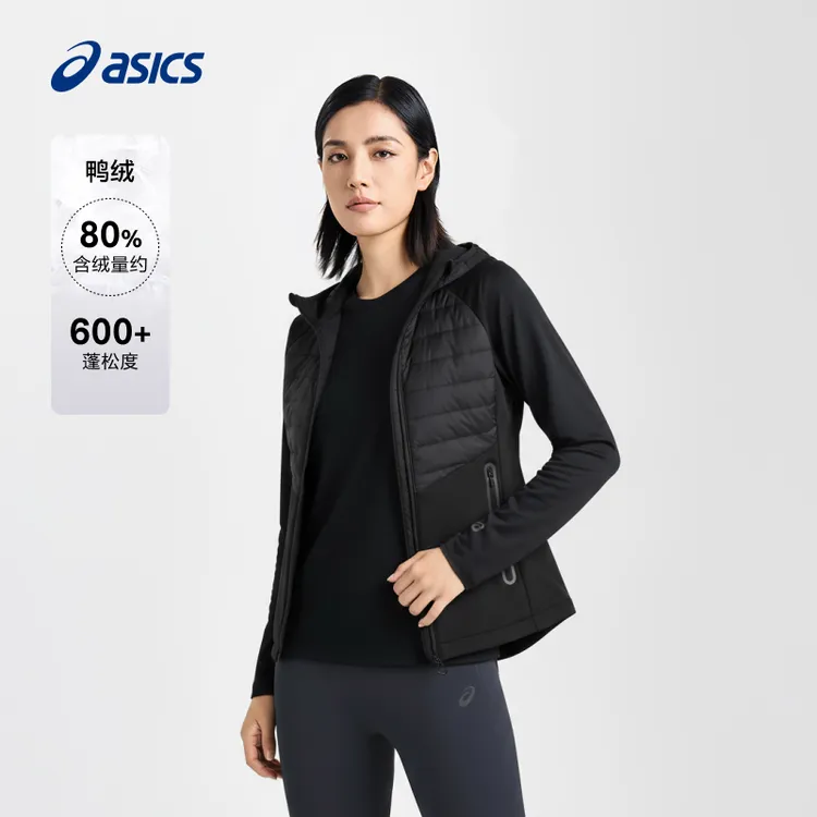 新年战袍ASICS亚瑟士女子保暖跑步拼接羽绒连帽夹克羽绒夹克外套