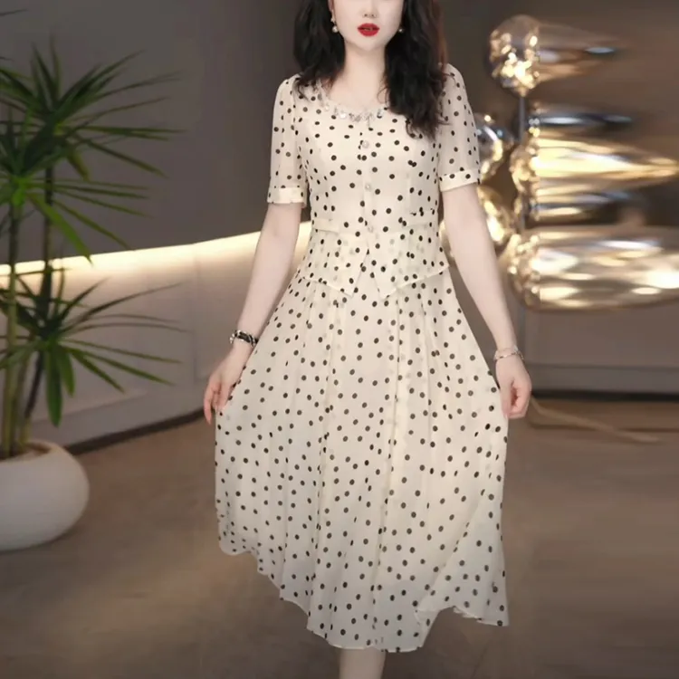 珍珠纱时尚名媛轻奢女装2025夏季新款时尚洋气质波点短袖连衣裙子