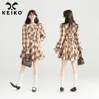 KEIKO [可拆蝴蝶结]复古格纹连衣裙春夏法式减龄小个子泡泡袖短裙