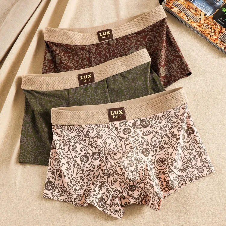 复古风印花男士内裤古朴玫瑰花潮流个性男款四角裤中腰短裤平角裤