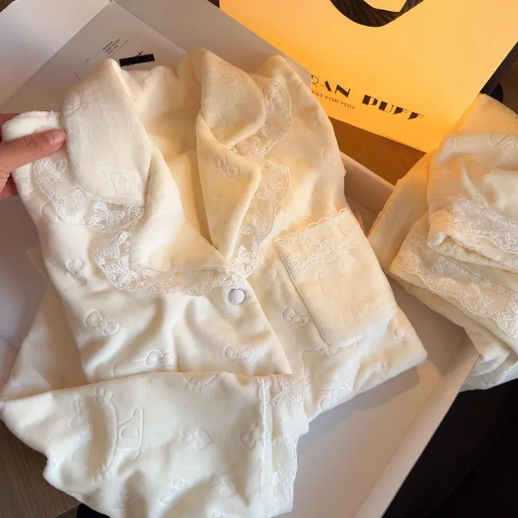 秋冬季海岛绒可爱kitty蕾丝睡衣女套装韩版甜美高级感加厚家居服