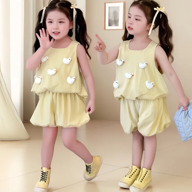 夏季可爱女童套装儿童女孩简约休闲宽松潮流韩系无袖短裤时尚童趣