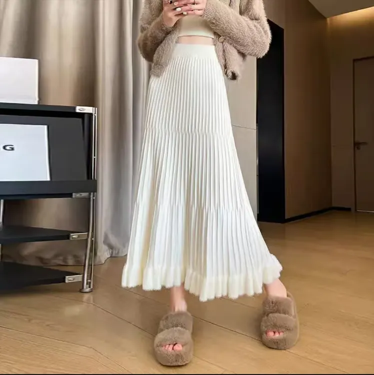 水貂绒衬裙针织半身裙百褶纽花荷叶边高腰长裙显瘦百搭毛线伞裙