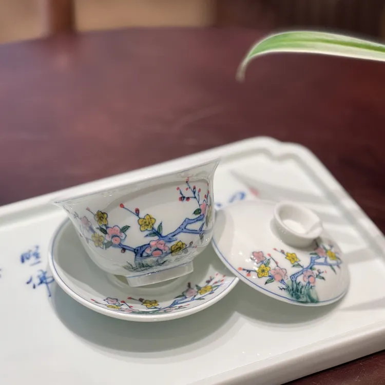 盖碗贵和祥手绘窑变桃花180毫升景德镇陶瓷茶具大号茶碗三才盖碗