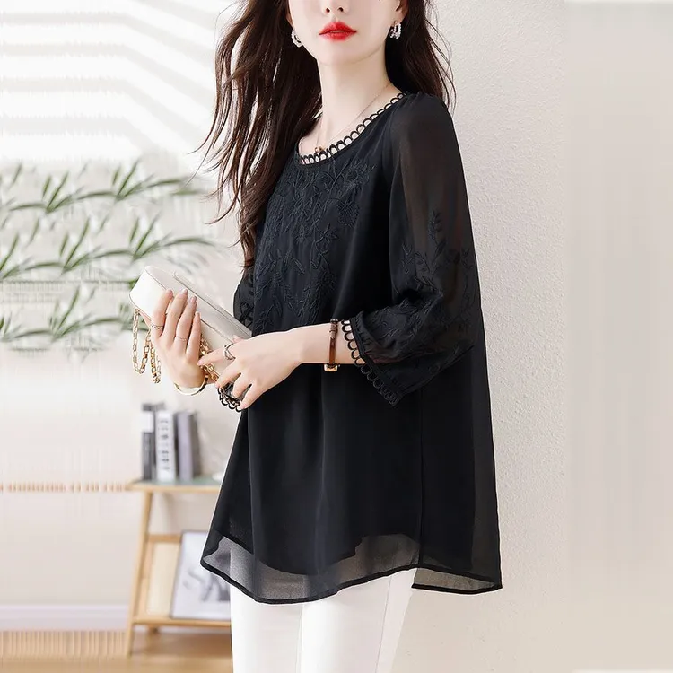 【1366人收藏】宽松遮肚子雪纺衫夏季大码女装胖mm七分袖小衫绣花上