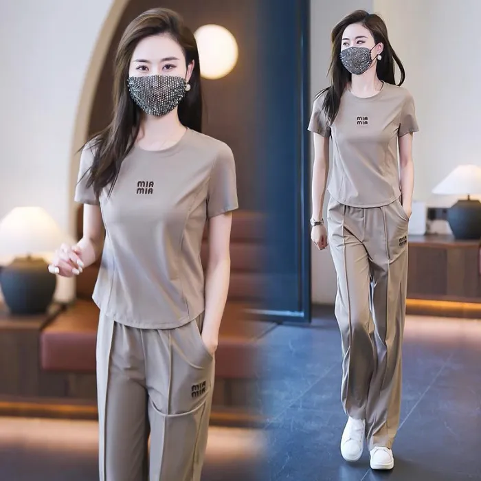 夏季新款冰丝休闲套装女短袖长裤运动跑步服宽松两件套显瘦气质