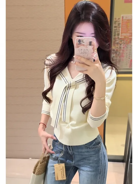 短款学院风森系厚款秋季毛针织衫秋季衬衫条纹地雷系