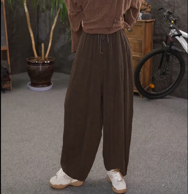 夏季新复古肌理感棉麻拼接高腰灯笼裤女宽松显瘦炒色九分南瓜裤女