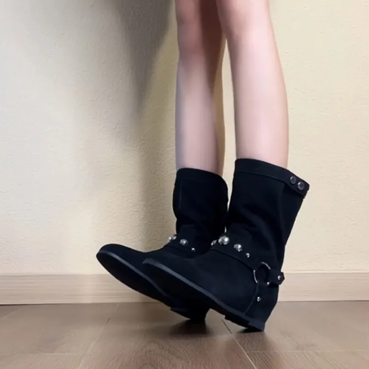 牛皮版！西部牛仔靴女辣妹朋克风黑色绒面金属扣套筒内增高中筒靴