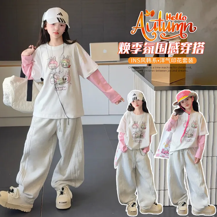 女童套装秋装新款秋季6-12岁潮酷女孩休闲拼接长袖卫裤两件套