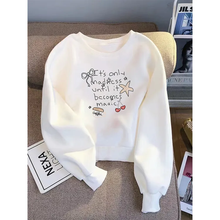 白色众设计百搭圆领高腰短款卫衣女秋冬加绒加厚套头小个子上衣