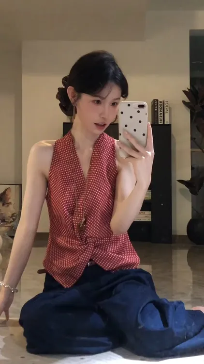 法式复古港风格子挂脖背心扭结无袖上衣女夏季高腰直筒休闲裤长裤