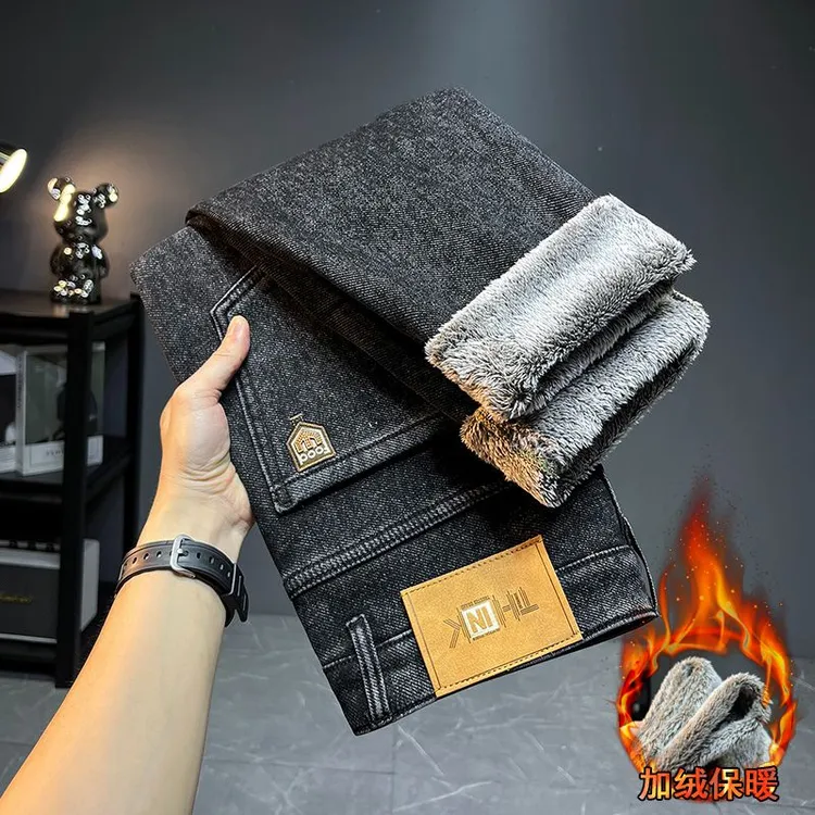 【专柜正品】雪狐绒加绒冬季潮流保暖牛仔裤加厚男士小脚直脚牛仔裤