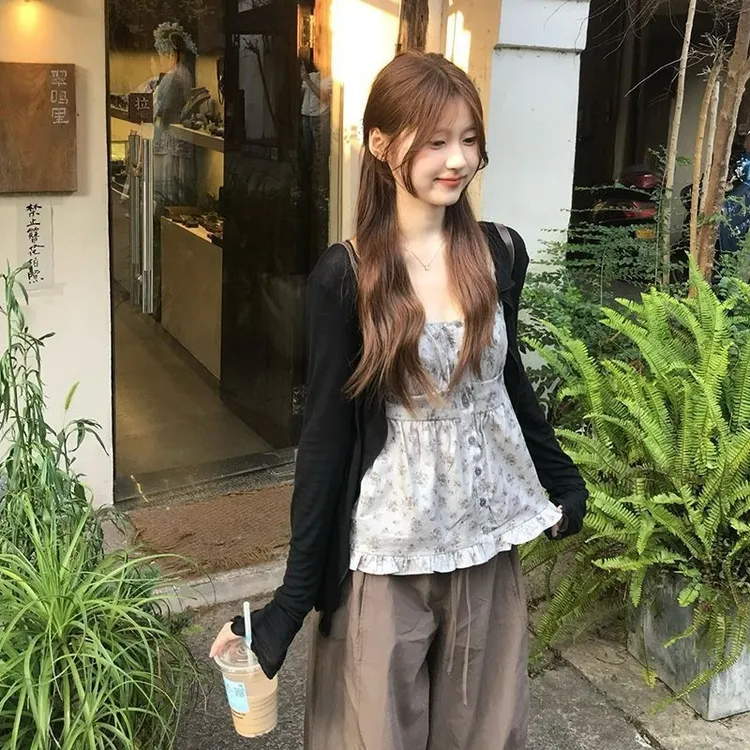 莫代尔原版韩系波浪边纽扣超百搭防晒开衫薄款纯色长袖外塔上衣