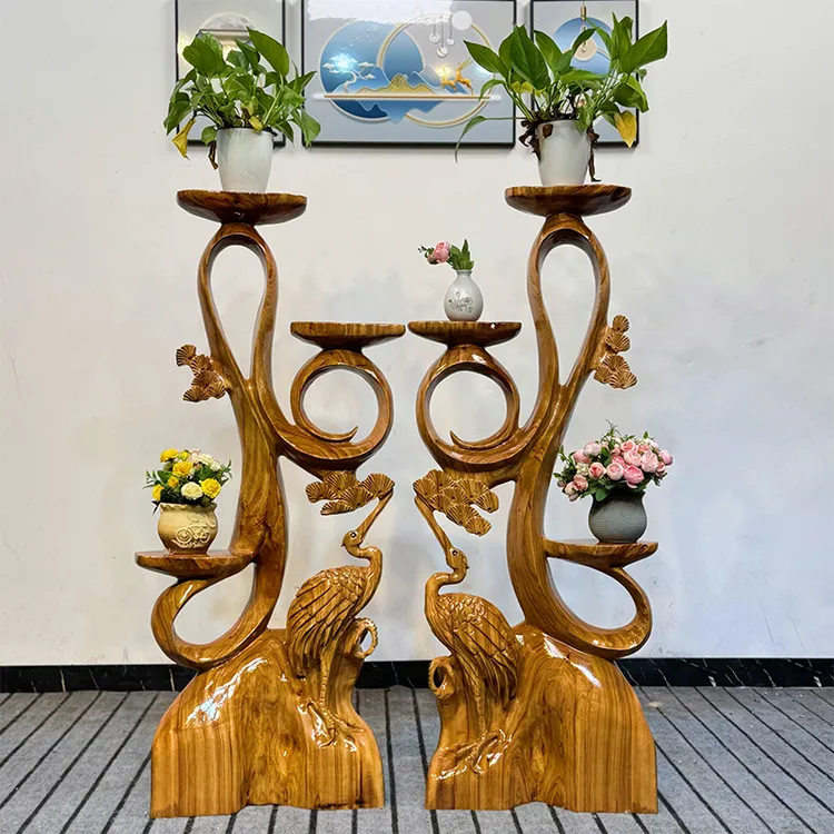 香樟木根雕松鹤延年花架客厅树根木雕摆件实木天然原木底座多款