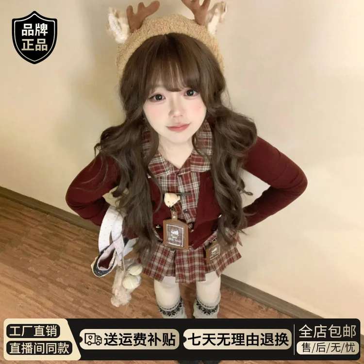 法式红色格纹长袖连衣裙子女秋冬季2025新款高级感小个子香风套装