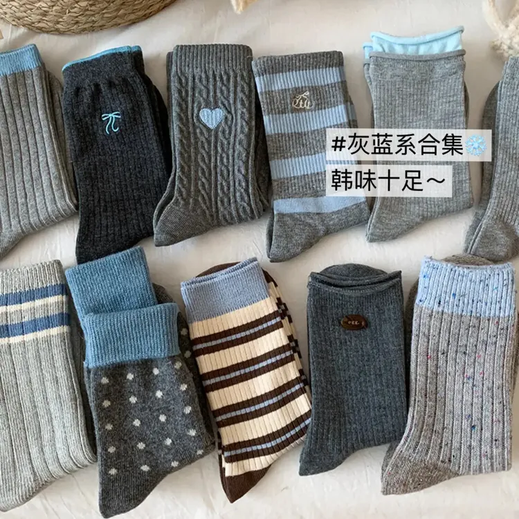 25新款韩系清冷灰色袜子女中筒袜外穿堆堆袜秋冬中筒袜彩带蝴蝶结