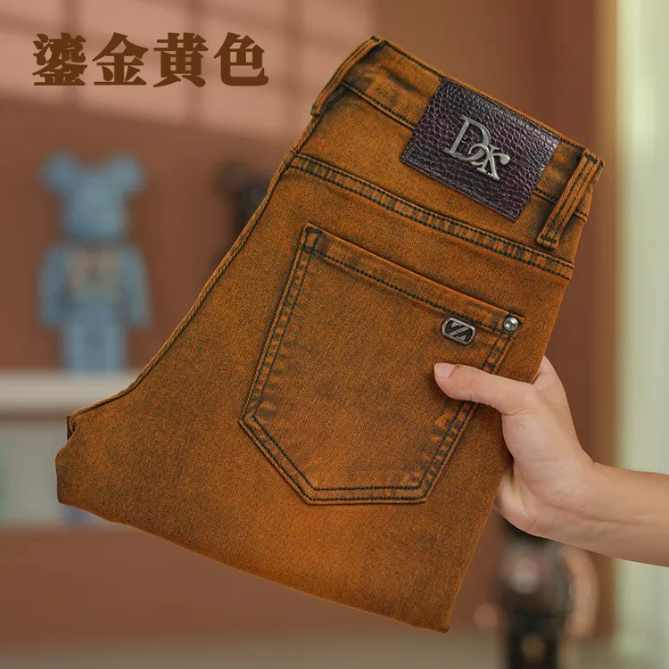 鎏金黄色牛仔裤男士2025秋冬新款免烫抗皱欧货复古感气质修身长裤