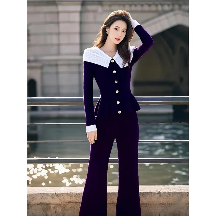 冬季穿搭一整套高级感气质名媛高端小香风紫色翻领毛衣阔腿裤套装