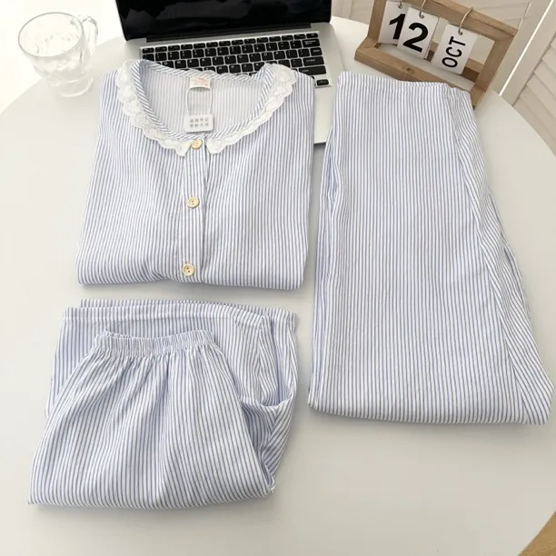 条纹花边圆领睡衣女夏云朵棉小清新韩系少女甜美家居服套装三件套