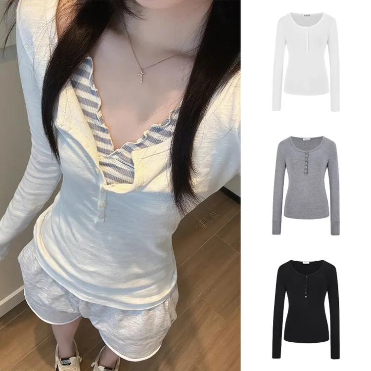Moses Queen/魔西女王美式半开领纽扣长袖T恤秋修身正肩内搭上衣