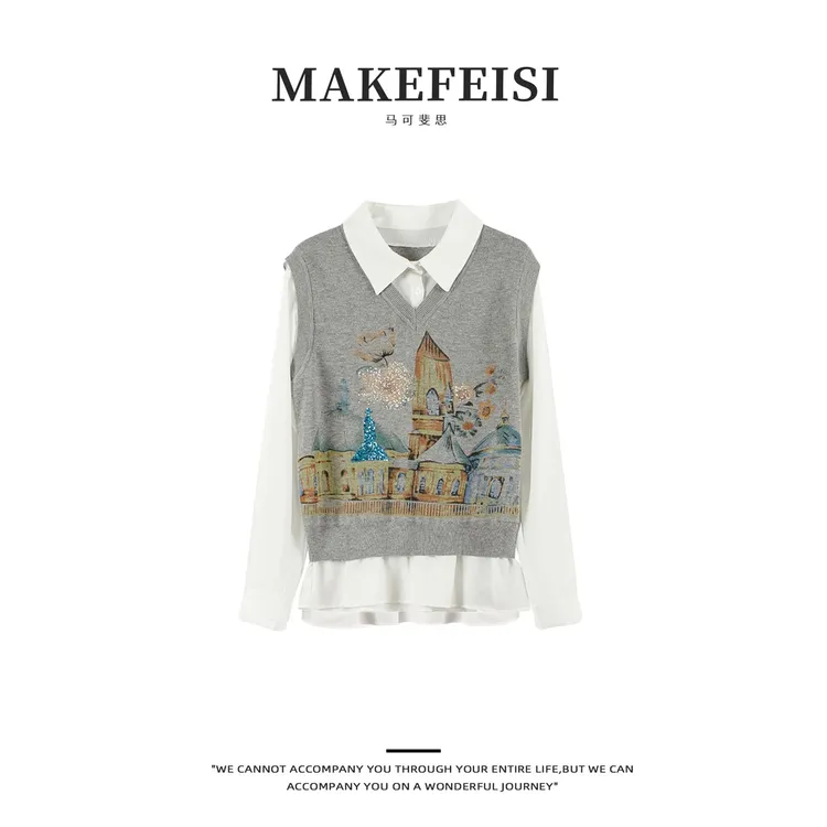 【活动专用】江南烟雨 重工假两件套头衬衣SY724