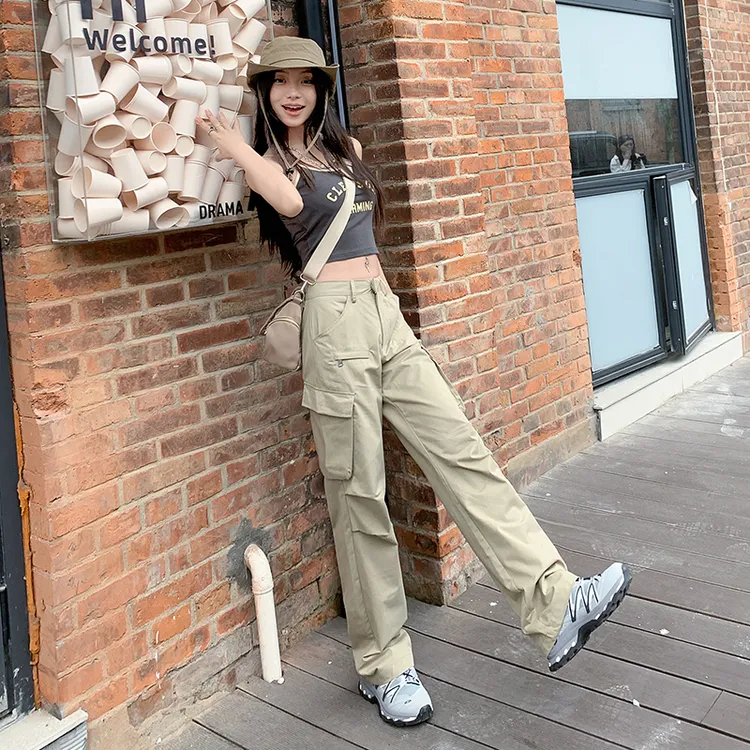 早秋新款薄料直筒工装裤牛仔女新款宽松显瘦阔腿裤美式复古休闲