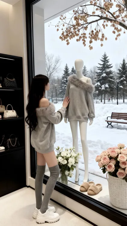 韩系辣妹斜肩露肩宽松套头上衣女秋冬百搭毛毛领拼接长袖纯色卫衣